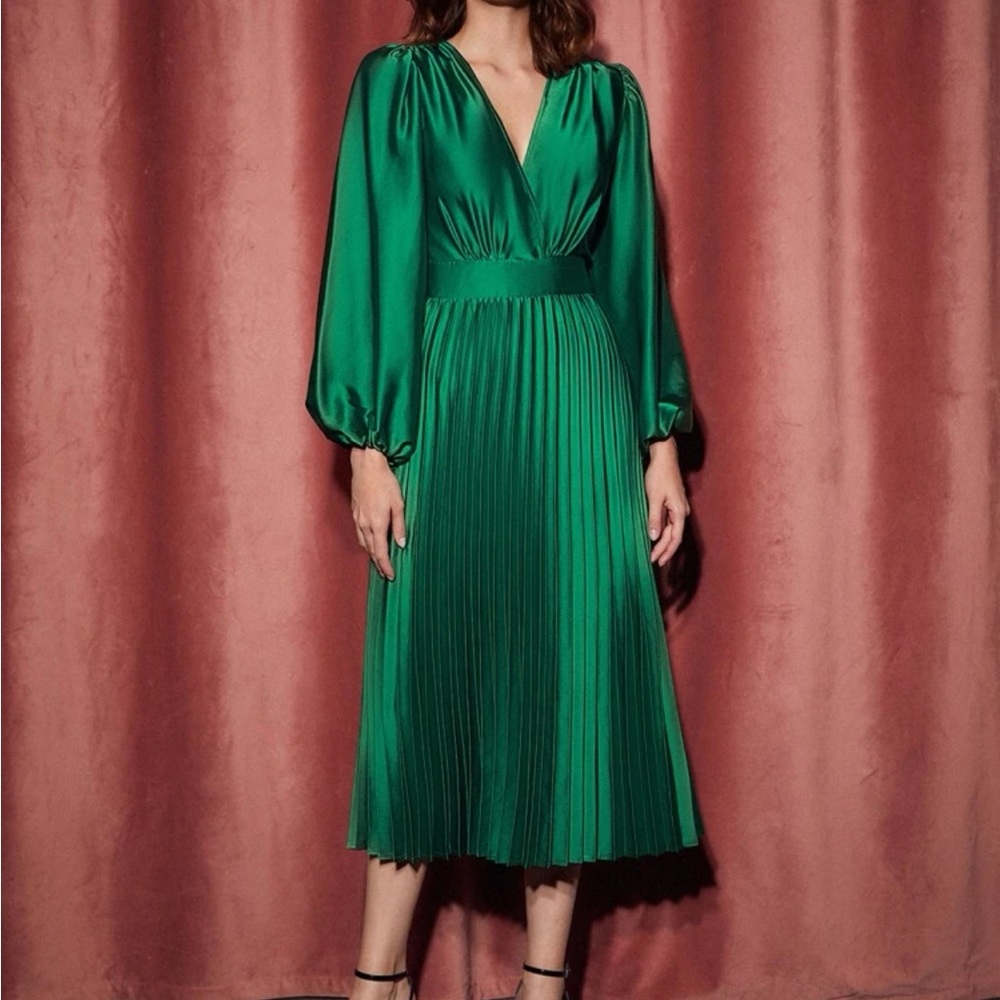 Luxe lantern sleeve pleated thigh party evening formal dress - Picture 4 of 6